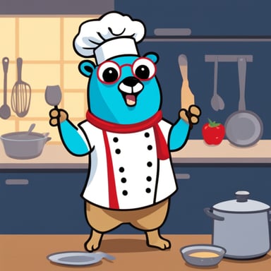 Go Blue Gopher as a chef in a kitchen cooking.