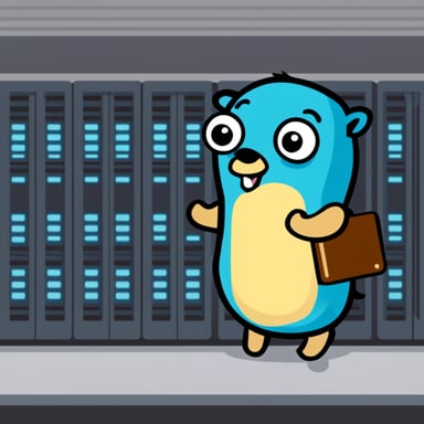 Go Blue Gopher stuck in a server rack.