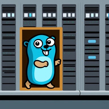 Go Blue Gopher stuck in a server rack.