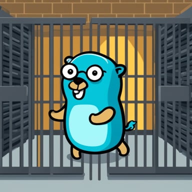 Go Blue Gopher stuck in a prison cell full of server racks.