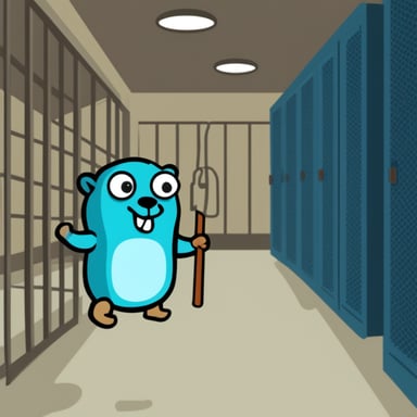 Go Blue Gopher stuck in a prison cell full of server racks.