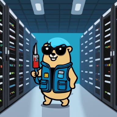 Go Blue Gopher is wearing a warning vest, and holding a screwdriver in its hand while standing next to two server racks.