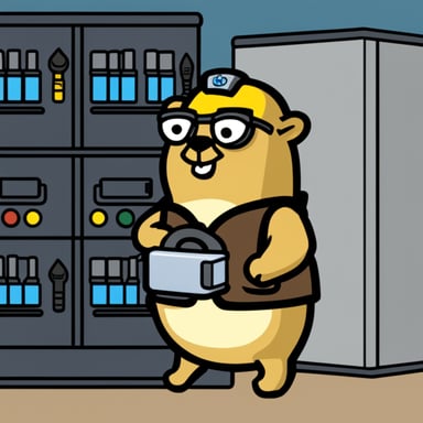 Go Blue Gopher is wearing a warning vest, and holding a screwdriver in its hand while standing next to two server racks.