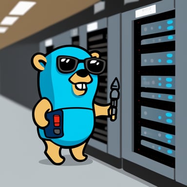 Go Blue Gopher is wearing a warning vest, and holding a screwdriver in its hand while standing next to two server racks.