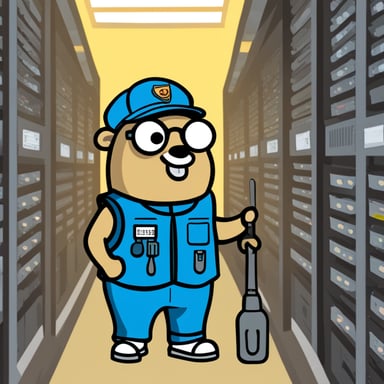 Go Blue Gopher is wearing a warning vest, and holding a screwdriver in its hand while standing next to two server racks.