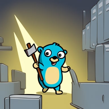 Go Blue Gopher smashing a server rack with a hammer.