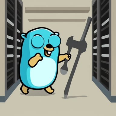 Go Blue Gopher smashing a server rack with a hammer.