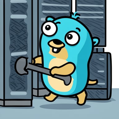 Go Blue Gopher smashing a server rack with a hammer.