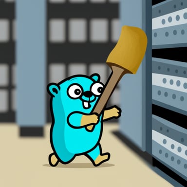 Go Blue Gopher smashing a server rack with a hammer.