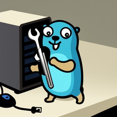 A blue gopher, known as Go Blue Gopher, holding a wrench while stuck inside a computer case.