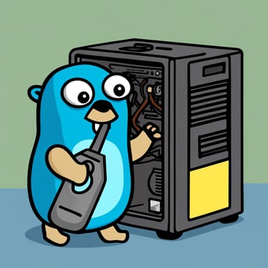 A blue gopher, known as Go Blue Gopher, holding a wrench while stuck inside a computer case.