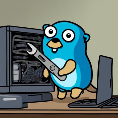 A blue gopher, known as Go Blue Gopher, holding a wrench while stuck inside a computer case.