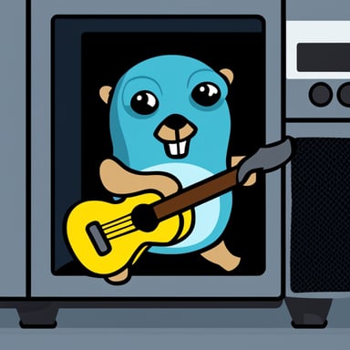 A blue gopher, known as Go Blue Gopher, holding a wrench while stuck inside a computer case.