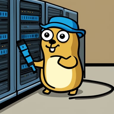 A smug Go Blue Gopher unplugging the power cable of a server rack.