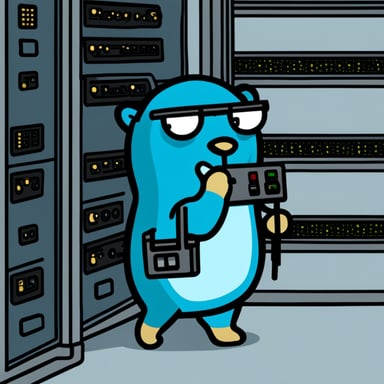 A smug Go Blue Gopher unplugging the power cable of a server rack.