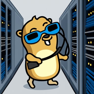A smug Go Blue Gopher unplugging the power cable of a server rack.