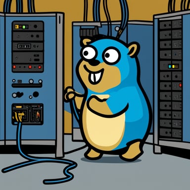 A smug Go Blue Gopher unplugging the power cable of a server rack.