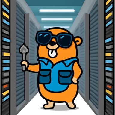 Go Blue Gopher, wearing an orange warning vest and holding a wrench in its hand, stands between two white server racks.