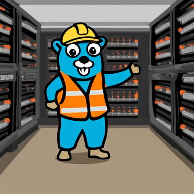 Go Blue Gopher, wearing an orange warning vest and holding a wrench in its hand, stands between two white server racks.