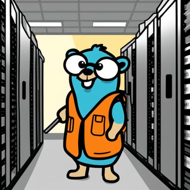 Go Blue Gopher, wearing an orange warning vest and holding a wrench in its hand, stands between two white server racks.