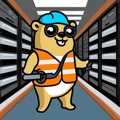 Go Blue Gopher, wearing an orange warning vest and holding a wrench in its hand, stands between two white server racks.