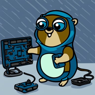 A very nervous Go Blue Gopher trying to insert a CPU into a motherboard socket.