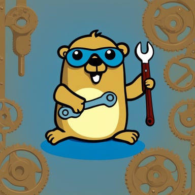 Happy Go Blue Gopher sitting on a PCB with a wrench.