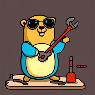 Happy Go Blue Gopher sitting on a PCB with a wrench.