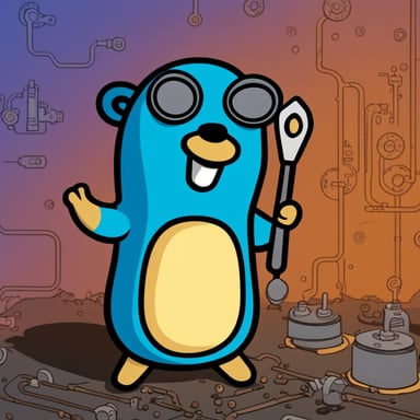 Happy Go Blue Gopher sitting on a PCB with a wrench.