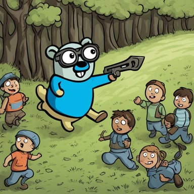 A maniac go blue gopher chasing a group of children with a wrench.