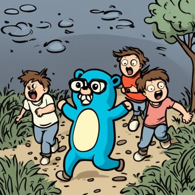 A maniac go blue gopher chasing a group of children with a wrench.