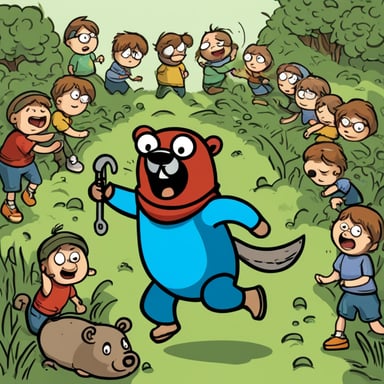A maniac go blue gopher chasing a group of children with a wrench.