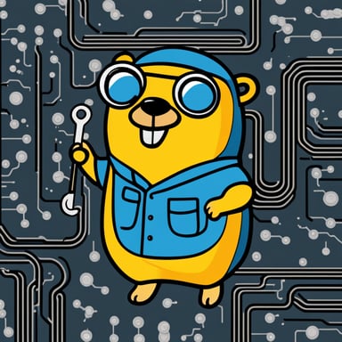 Happy Go Blue Gopher sitting on a circuit board with a wrench.