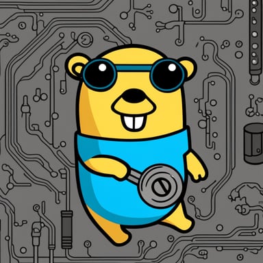 Happy Go Blue Gopher sitting on a circuit board with a wrench.