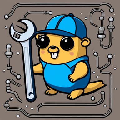 Happy Go Blue Gopher sitting on a circuit board with a wrench.