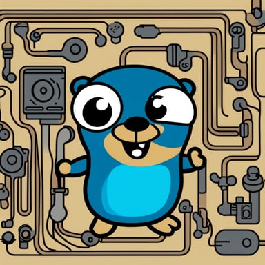 Happy Go Blue Gopher sitting on a circuit board with a wrench.
