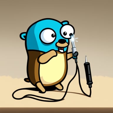 Go Blue Gopher holding a soldering iron at the wrong end.