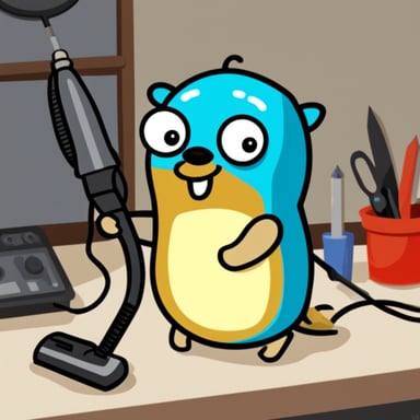 Go Blue Gopher holding a soldering iron at the wrong end.