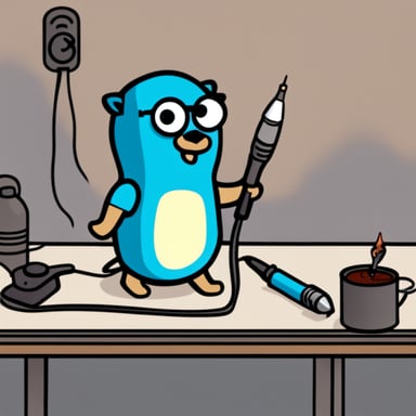 Go Blue Gopher holding a soldering iron at the wrong end.