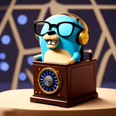 Go Blue Gopher sitting in a time machine.