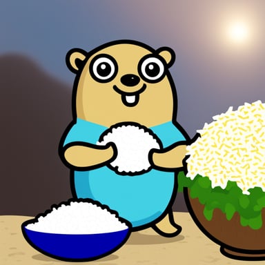 Go Blue Gopher eating a huge bowl of rice.