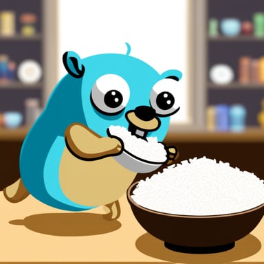 Go Blue Gopher eating a huge bowl of rice.
