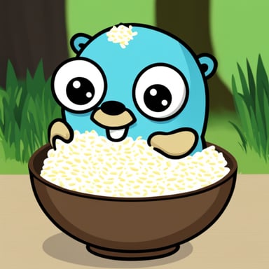 Go Blue Gopher eating a huge bowl of rice.