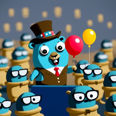 Go Blue Gopher as President Golang Gopher talking to the masses.