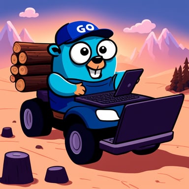 Go blue gopher driving a truck at high speeds while checking logs on a laptop.