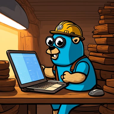 Go blue gopher driving a truck at high speeds while checking logs on a laptop.