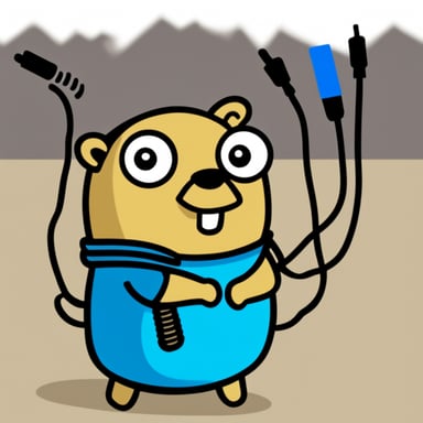 Go Blue Gopher holding two wires and is about to plug them together.