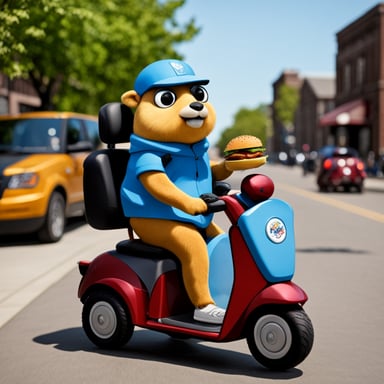 Go Blue Gopher driving a mobility scooter eating burgers.