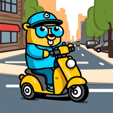 Go Blue Gopher driving a mobility scooter eating burgers.