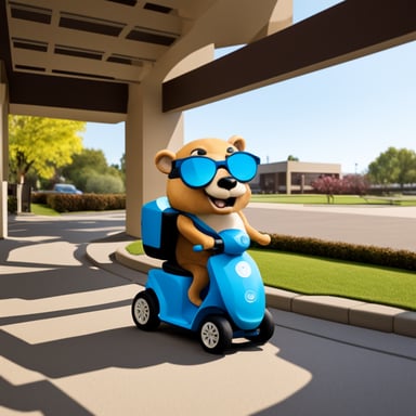 Go Blue Gopher driving a mobility scooter eating burgers.